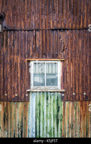 Rusty ferro corrugato edificio, magazzino con finestra. Foto Stock