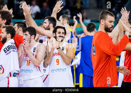 4 settembre 2017: guillem vives #16 (esp) Ricky Rubio #9 (esp) marc gasol #13 (esp) durante la fiba Eurobasket 2017 - gruppo c, gioco tra la Spagna e la Repubblica di Romania presso la sala polivalente, Cluj - Napoca, Romania rou. foto: cronos Foto Stock