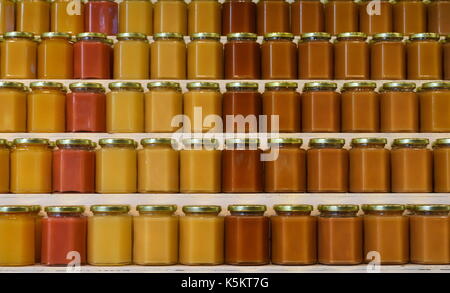 Righe di barattoli di miele fresco sugli scaffali Foto Stock