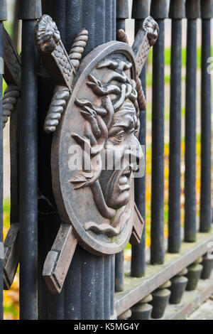 Faccia di medusa, Profilo. Nella mitologia greca era un mostro, una gorgone, alato femmina umana vivente con serpenti al posto dei capelli. decorativi di recinzione summ Foto Stock