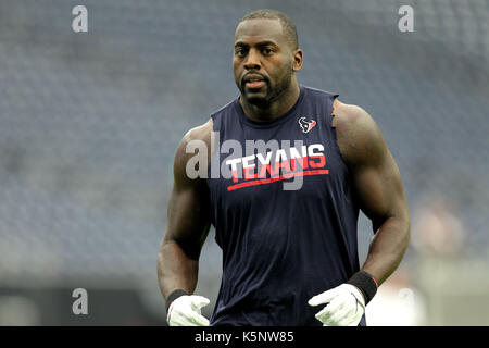 Houston, Texas, Stati Uniti d'America. Decimo Sep, 2017. Houston Texans al di fuori linebacker Whitney Mercilus (59) prima della NFL stagione regolare il gioco tra la Houston Texans e Jacksonville Jaguars a NRG Stadium di Houston, TX il 10 settembre 2017. Credito: Erik Williams/ZUMA filo/Alamy Live News Foto Stock