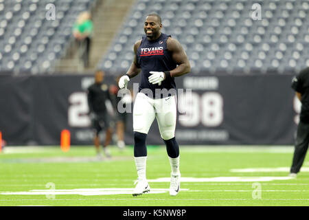 Houston, Texas, Stati Uniti d'America. Decimo Sep, 2017. Houston Texans al di fuori linebacker Whitney Mercilus (59) prima della NFL stagione regolare il gioco tra la Houston Texans e Jacksonville Jaguars a NRG Stadium di Houston, TX il 10 settembre 2017. Credito: Erik Williams/ZUMA filo/Alamy Live News Foto Stock