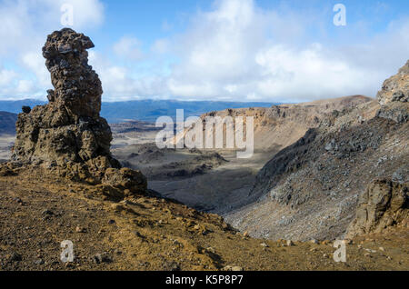 Le formazioni rocciose su Tongariro Crossing, Tongariro National Park, North Island, Nuova Zelanda. Deserto Rangipo e strade del deserto in distanza. Foto Stock