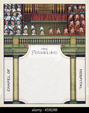 Una illustrazione colorata dal Vittoriano di un libro per bambini che mostra i bambini nella Cappella del Foundling Hospital di Londra Foto Stock