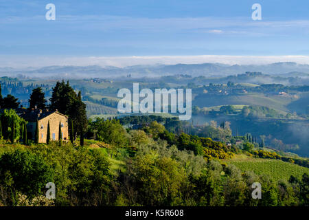 Chianti Colli Pisani tipico paesaggio con un agriturismo su una collina, vigneti e la nebbia di mattina Foto Stock