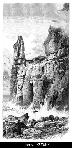 1870: Un pinnicle sulla costa a St Govan o St Gowan alla testa. Saint Govan era un eremita vissuto in una fessura sul lato della scogliera costiera vicino Bosherston, Pembrokeshire, nel Galles del Sud. Govan la cappella fu costruita nella fessura nel XIV secolo. Foto Stock