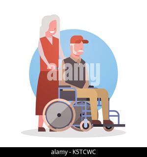 Senior uomo sulla sedia a rotelle e la donna giovane nonna e grandfathr grigia Icona dei capelli Illustrazione Vettoriale