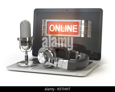 Supporto online concetto. portatile con microfono, cuffie e lightbox con testo online isolati su sfondo bianco. 3d illustrazione Foto Stock