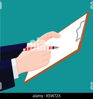 Firma a mano vuoto negli Appunti di rosso con un foglio bianco in formato a4. business tenete la penna o matita e appunti. design piatto stile, illustrazione vettoriale. Illustrazione Vettoriale