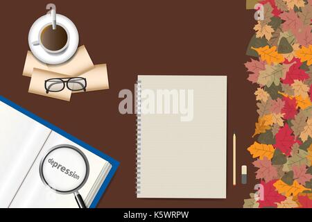 Svuotare libro aperto con la scritta della depressione ingrandito sotto la lente di ingrandimento e blocco note di vuoto pronto per il testo e la tazza di caffè sono sdraiato Illustrazione Vettoriale