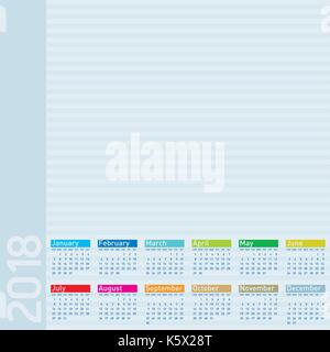 Calendario colorate per l'anno 2018, in formato vettoriale. Illustrazione Vettoriale