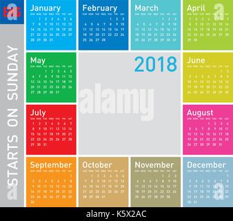 Calendario colorate per l'anno 2018, in inglese. settimana comincia la domenica Illustrazione Vettoriale