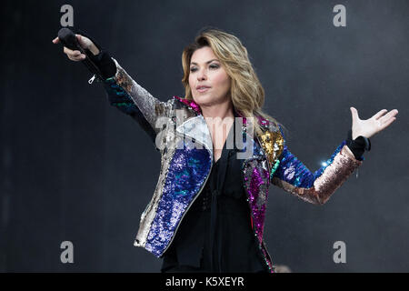 Londra, Inghilterra. 9 settembre 2017, Singer Shania Twain suona per la prima volta in 15 anni nel Regno Unito durante radio 2 Live a Hyde Park 2017 il 10 settembre 2017, Londra. Inghilterra.© Jason Richardson / Alamy Live News Foto Stock