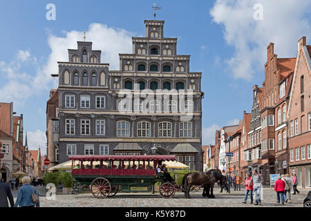 Carrozza trainata da cavalli nella parte anteriore della camera di commercio e industria, Lueneburg, Bassa Sassonia, Germania Foto Stock