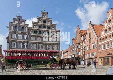 Carrozza trainata da cavalli nella parte anteriore della camera di commercio e industria, Lueneburg, Bassa Sassonia, Germania Foto Stock