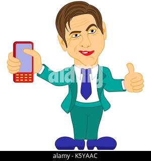 Sorrise gentleman in tuta color turchese tiene il telefono cellulare, colore cartoon illustrazione vettoriale Illustrazione Vettoriale