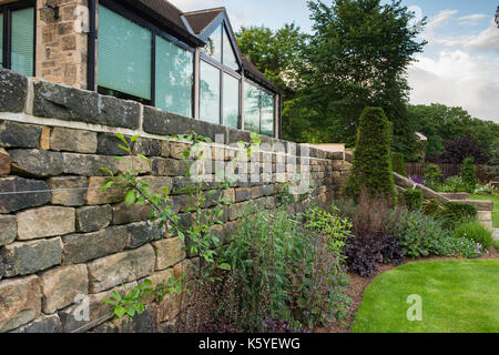 Bella, privato tradizionale, paesaggistico, country Garden, West Yorkshire, Inghilterra, Regno Unito - summer view di prato & piante sul confine erbacee da casa. Foto Stock