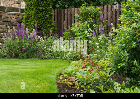 Bella, privato tradizionale, paesaggistico, country Garden, West Yorkshire, Inghilterra, Regno Unito - estate piante fiorite in close-up sul confine erbacee. Foto Stock