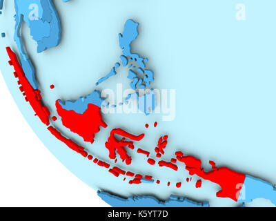 Indonesia evidenziata in rosso su blu globo politico. 3d'illustrazione. Foto Stock