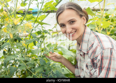 Donna che lavorano nel giardino di casa verde Foto Stock