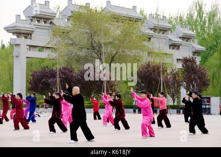 Cultura dongzi park, dezhou, shandong, Cina. persone locali prendere parte alla mattina presto t'ai Chi Ch'uan excersises salute Foto Stock