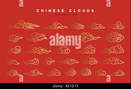 Raccolta di rosso e oro le nuvole in stile cinese Illustrazione Vettoriale