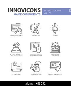 Componenti di gioco - moderno vettore riga di icone del design set. online, controller, gameplay, spada, genere player rating, broadcast, tesoro, mappa di livello, char Illustrazione Vettoriale