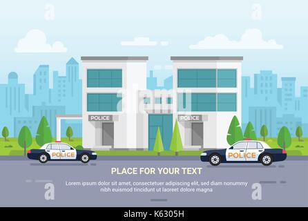Stazione di polizia comunale sul background urbano - moderno illustrazione vettoriale con posto per testo. due vetture, un bel parco con alberi secolari. cityscape con scyscrapers, Illustrazione Vettoriale