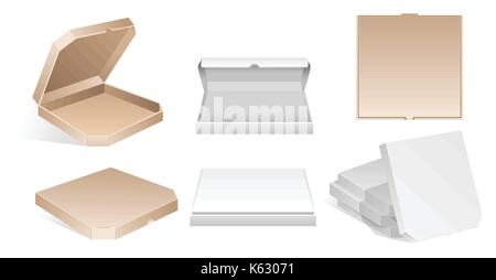 Fustellato in cartone scatole per pizza - moderno vettore isolato clip art su sfondo bianco. Sei aprire e chiudere il fustellato di cartone contenitori realistica per tener lontano. Illustrazione Vettoriale
