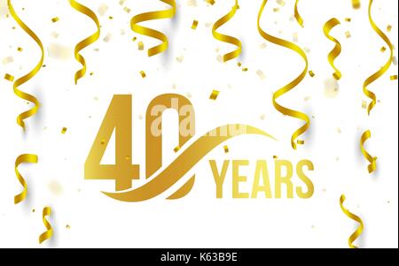 Isolato di colore dorato numero 40 con la parola anni icona su sfondo bianco con oro in caduta coriandoli e nastri, quarantesimo compleanno anniversario saluto logo, elemento scheda, illustrazione vettoriale Illustrazione Vettoriale