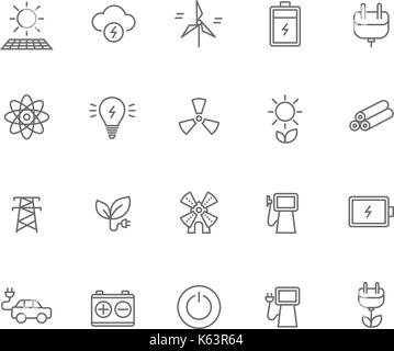 Set di 20 industria dell energia sottile linea icone. pannello solare, batteria, presa, mulino a vento, fulmini, benzina, energia verde, electrocar e molto di più. 64x64 Illustrazione Vettoriale