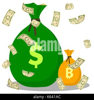 Battenti di dollari contro lo sfondo denaro borsa set. bitcoin e sacchi di dollari. icona piatta isolata su uno sfondo bianco. Illustrazione Vettoriale