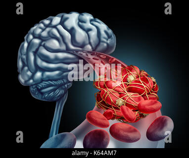Di coagulo di sangue al cervello concetto medico come 3d illustrazione le cellule del sangue bloccato da un blocco delle arterie trombo causando un blocco del flusso sanguigno. Foto Stock