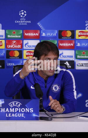 Cobham, Regno Unito. Undicesimo Sep, 2017. Antonio conte, manager, il Chelsea Football Club anteprime la champions league contro qarabag fk il giorno della partita un domani. Credito: motofoto/alamy live news Foto Stock
