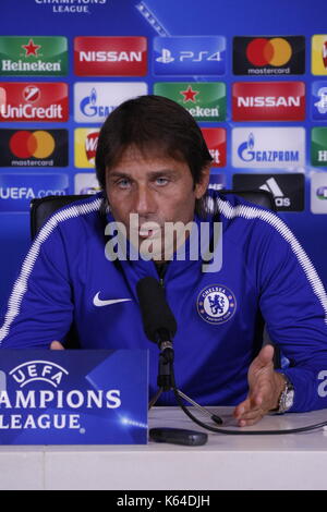 Cobham, Regno Unito. Undicesimo Sep, 2017. Antonio conte, manager, il Chelsea Football Club anteprime la champions league contro qarabag fk il giorno della partita un domani. Credito: motofoto/alamy live news Foto Stock