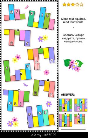 Estate e fiori di primavera a tema formazione iq abstract visual parola puzzle (lingua inglese): fare quattro piazze, lettura di quattro parole. risposta inclusa. Illustrazione Vettoriale
