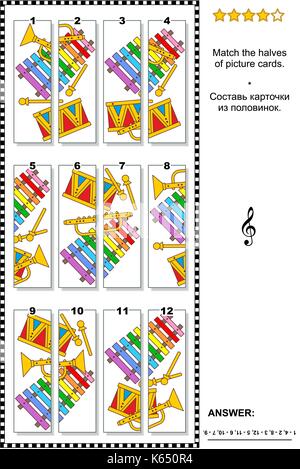 Visual puzzle: corrisponde alla metà delle carte con colorati strumenti musicali giocattolo. risposta inclusa. Illustrazione Vettoriale