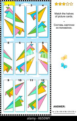 Visual puzzle: corrisponde alla metà delle carte con carta colorata piani. risposta inclusa. Illustrazione Vettoriale