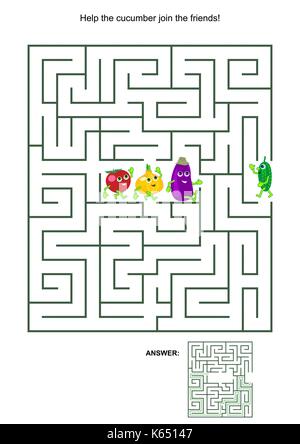 Gioco labirinto con simpatici personaggi vegetali: aiutare il cetriolo gli amici. risposte incluso. Illustrazione Vettoriale