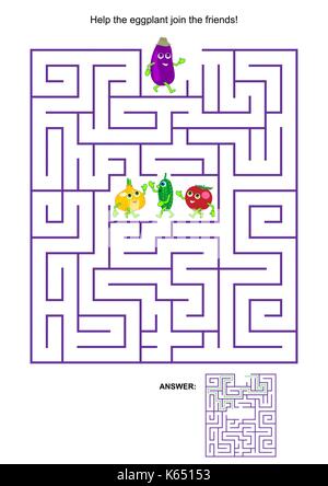 Gioco labirinto con simpatici personaggi vegetali: aiutare la melanzana gli amici. risposte incluso. Illustrazione Vettoriale