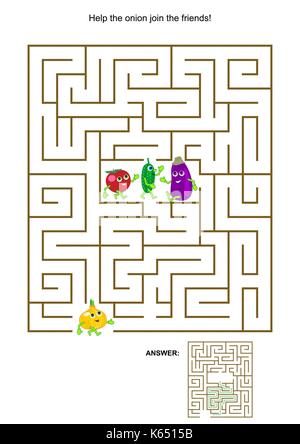 Gioco labirinto con simpatici personaggi vegetali: aiutare la cipolla gli amici. risposte incluso. Illustrazione Vettoriale