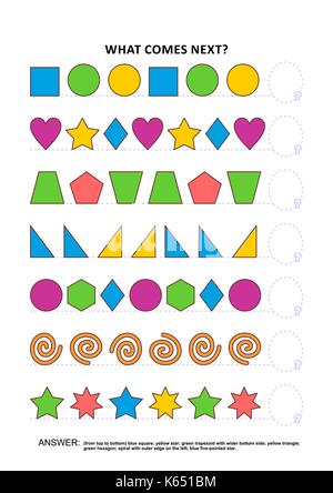 Forme e colori educativi a tema gioco di logica sequenziale di formazione il riconoscimento del modello di competenze: qual è il prossimo passo da compiere in sequenza? Risposta inclusa. Illustrazione Vettoriale