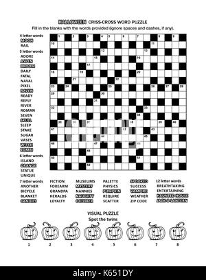 A tema Halloween puzzle pagina con 19x19 criss-cross gioco di parole (lingua inglese) e visual puzzle con whimsical zucche. in bianco e nero. Illustrazione Vettoriale