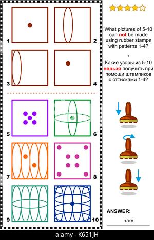 Iq astratto di formazione visual puzzle: quali immagini di 5-10 non può essere realizzata usando timbri in gomma con schemi 1-4? Risposta inclusa. Illustrazione Vettoriale