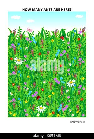 Dimensioni pagina visual math puzzle per imparare il conteggio con divertimento: quanti le formiche sono qui? Risposta inclusa. Illustrazione Vettoriale