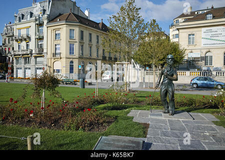 Città di Vevey e un monumento di charlie chaplin, canton Vaud, Svizzera Foto Stock