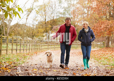 Coppia Matura in autunno a piedi con il Labrador Foto Stock
