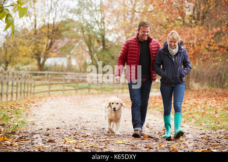 Coppia Matura in autunno a piedi con il Labrador Foto Stock