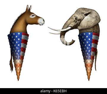 Digitale e illustrazione della foto di un asino e elephant come due gusti di gelato in cono, in rappresentanza di repubblicani e democratici. Foto Stock