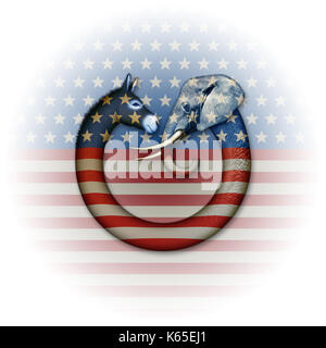 Digitale e illustrazione della foto di un asino e di elefante, in rappresentanza di repubblicani e democratici di fronte all'altro. Foto Stock